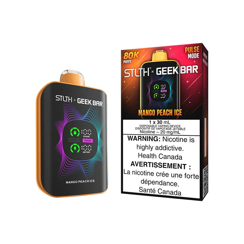STLTH x Geekbar 80K disposable vape featuring Mango Peach Ice flavor and pulse mode.