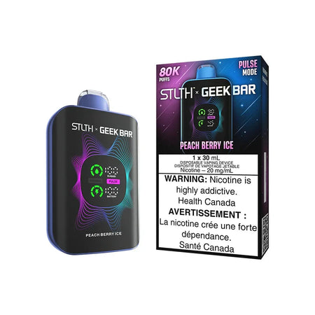 STLTH Geekbar Peach Berry Ice vape device with sleek design and vibrant packaging.