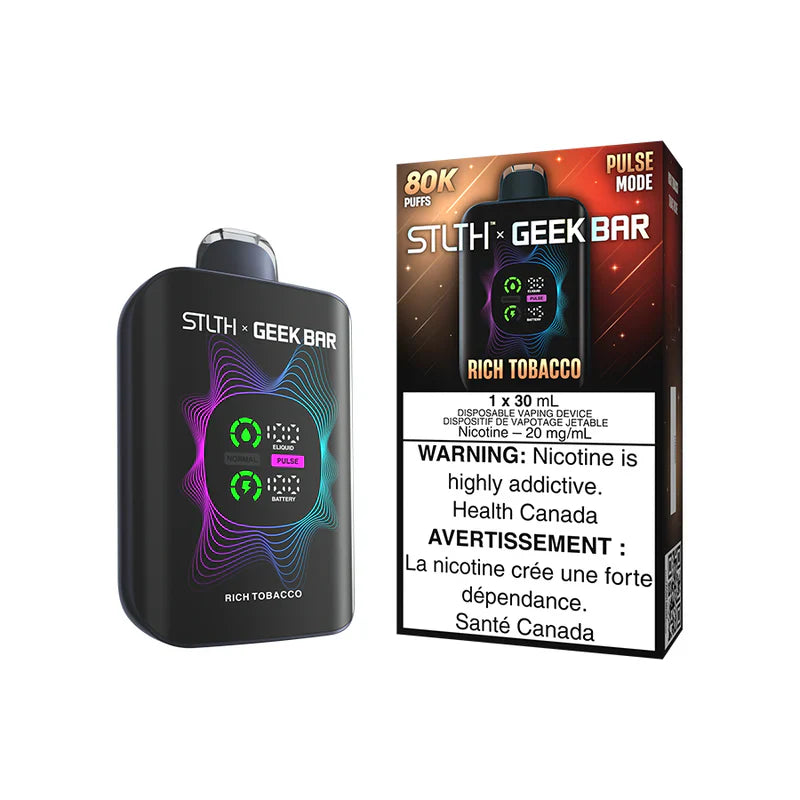 STLTH Geekbar Rich Tobacco disposable vape with pulse mode and 80K puffs capacity.