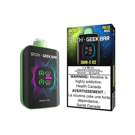 STLTH Geekbar Sour-C Ice disposable vape device with colorful design and warning labels.